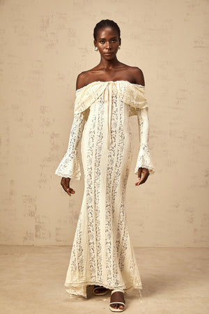 Aurohaya Émeline floral lace train-design maxi dress in Neutrals