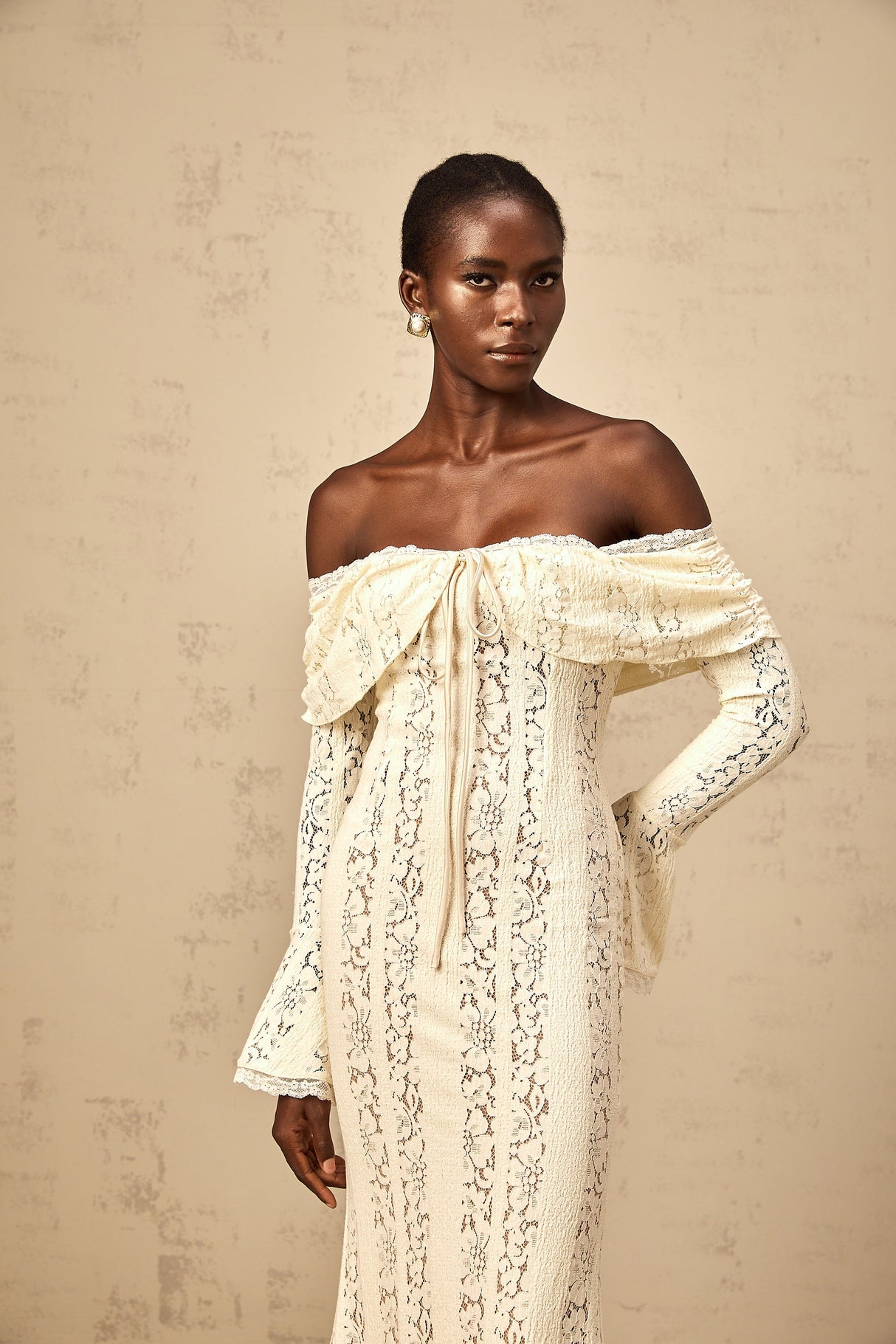 Aurohaya Émeline floral lace train-design maxi dress in Neutrals