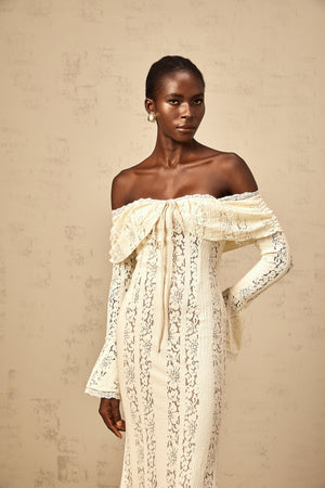 Aurohaya Émeline floral lace train-design maxi dress in Neutrals