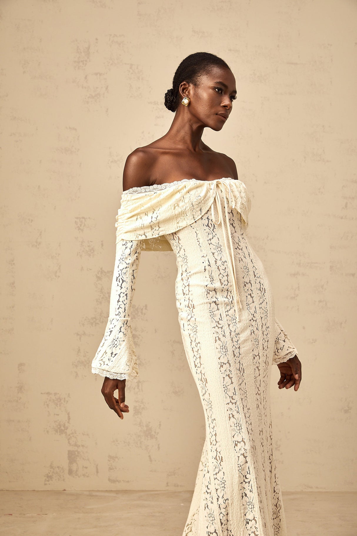 Aurohaya Émeline floral lace train-design maxi dress in Neutrals