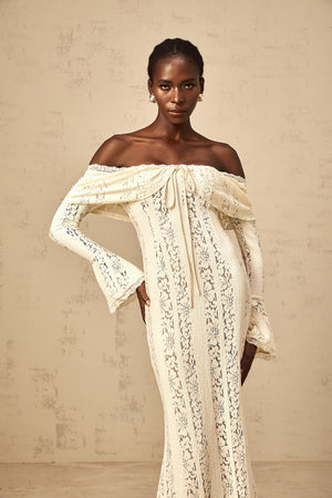 Aurohaya Émeline floral lace train-design maxi dress in Neutrals