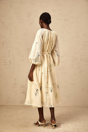 Aurohaya Uranie beige flower-embroidered beaded midi dress