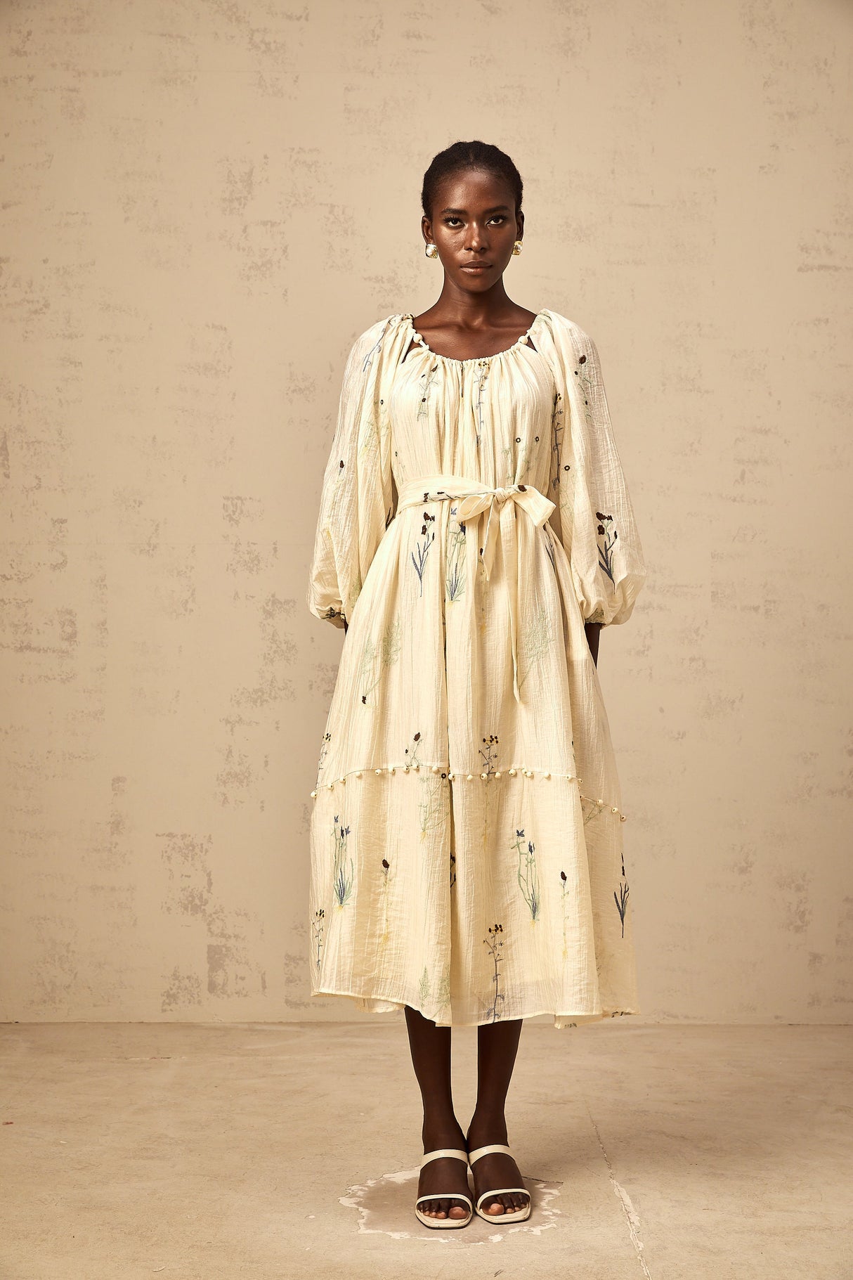 Aurohaya Uranie beige flower-embroidered beaded midi dress