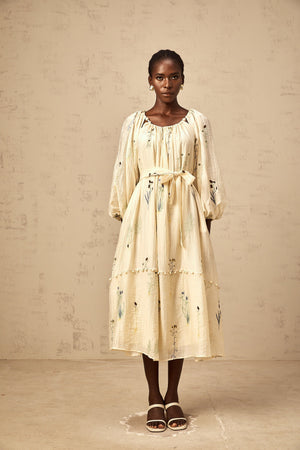 Aurohaya Uranie beige flower-embroidered beaded midi dress