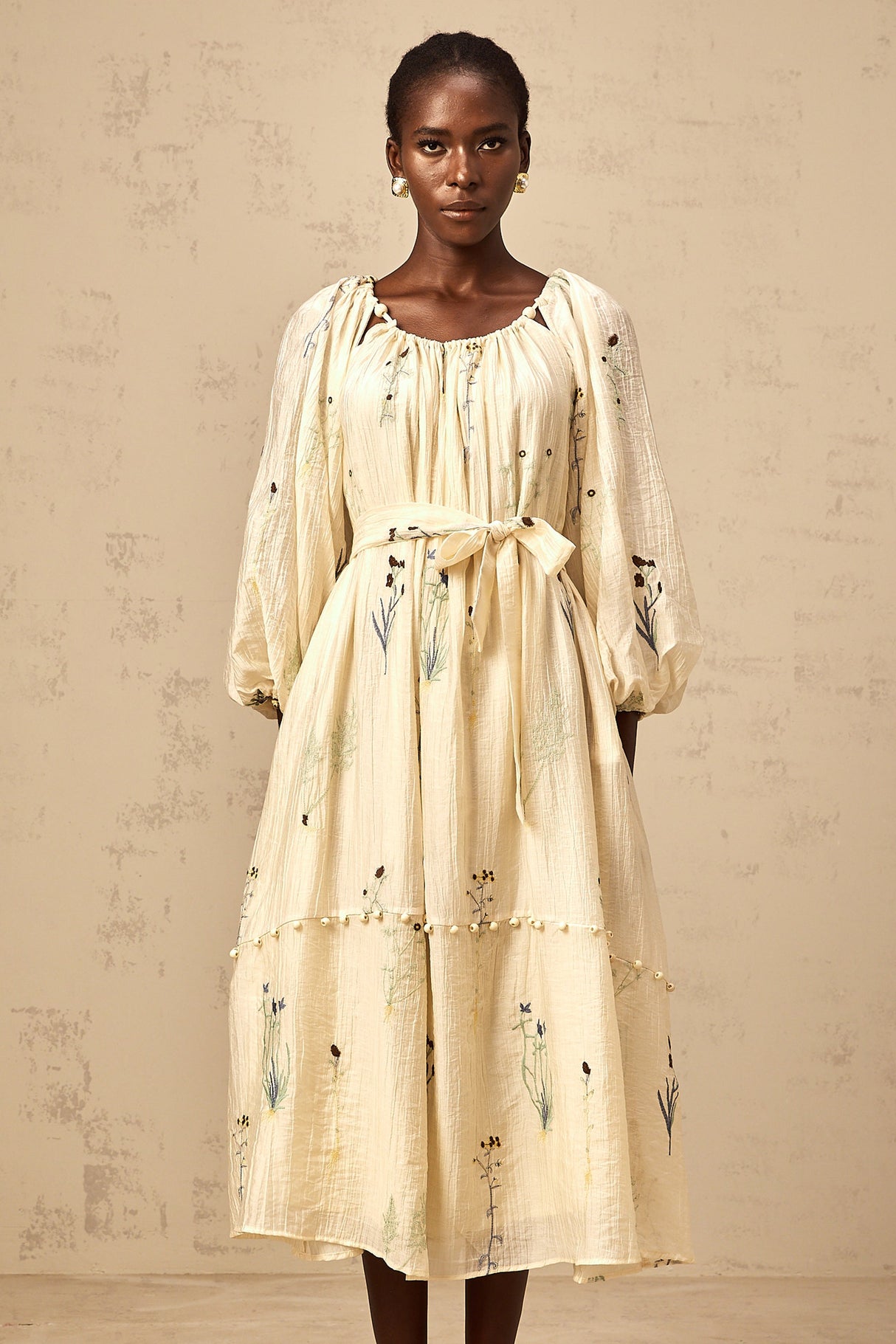 Aurohaya Uranie beige flower-embroidered beaded midi dress