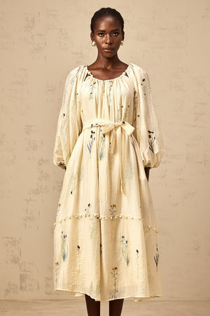 Aurohaya Uranie beige flower-embroidered beaded midi dress
