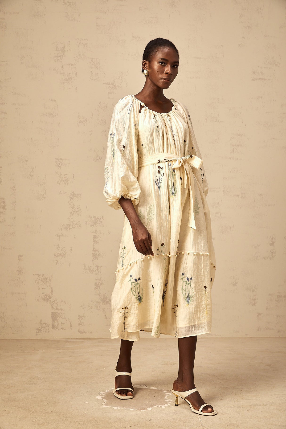 Aurohaya Uranie beige flower-embroidered beaded midi dress