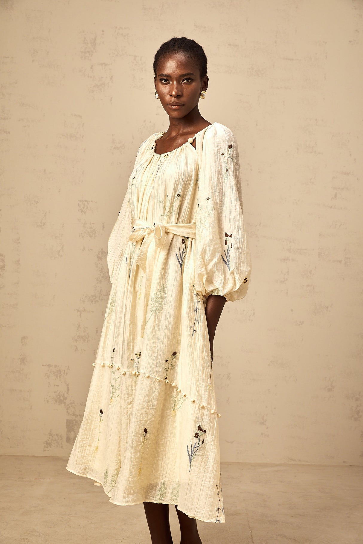 Aurohaya Uranie beige flower-embroidered beaded midi dress