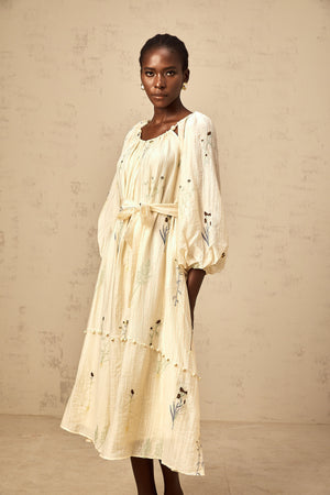 Aurohaya Uranie beige flower-embroidered beaded midi dress