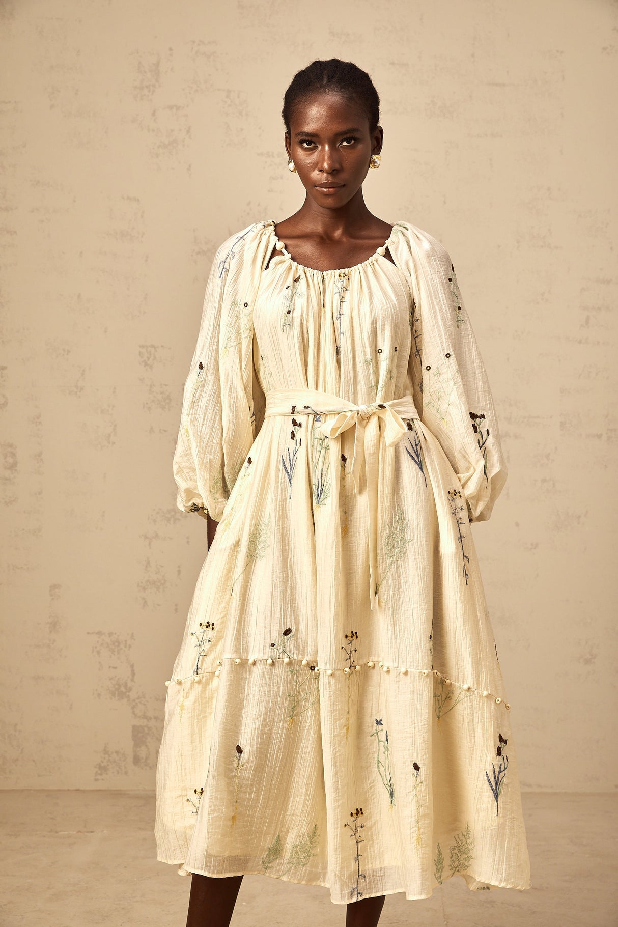 Aurohaya Uranie beige flower-embroidered beaded midi dress
