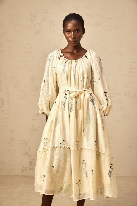 Aurohaya Uranie beige flower-embroidered beaded midi dress
