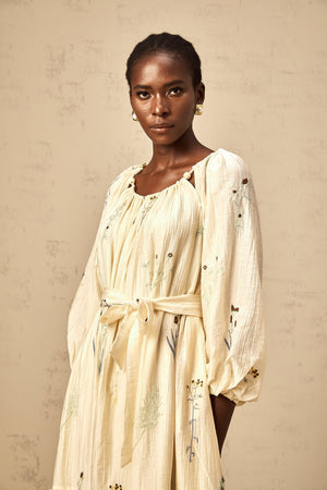 Aurohaya Uranie beige flower-embroidered beaded midi dress
