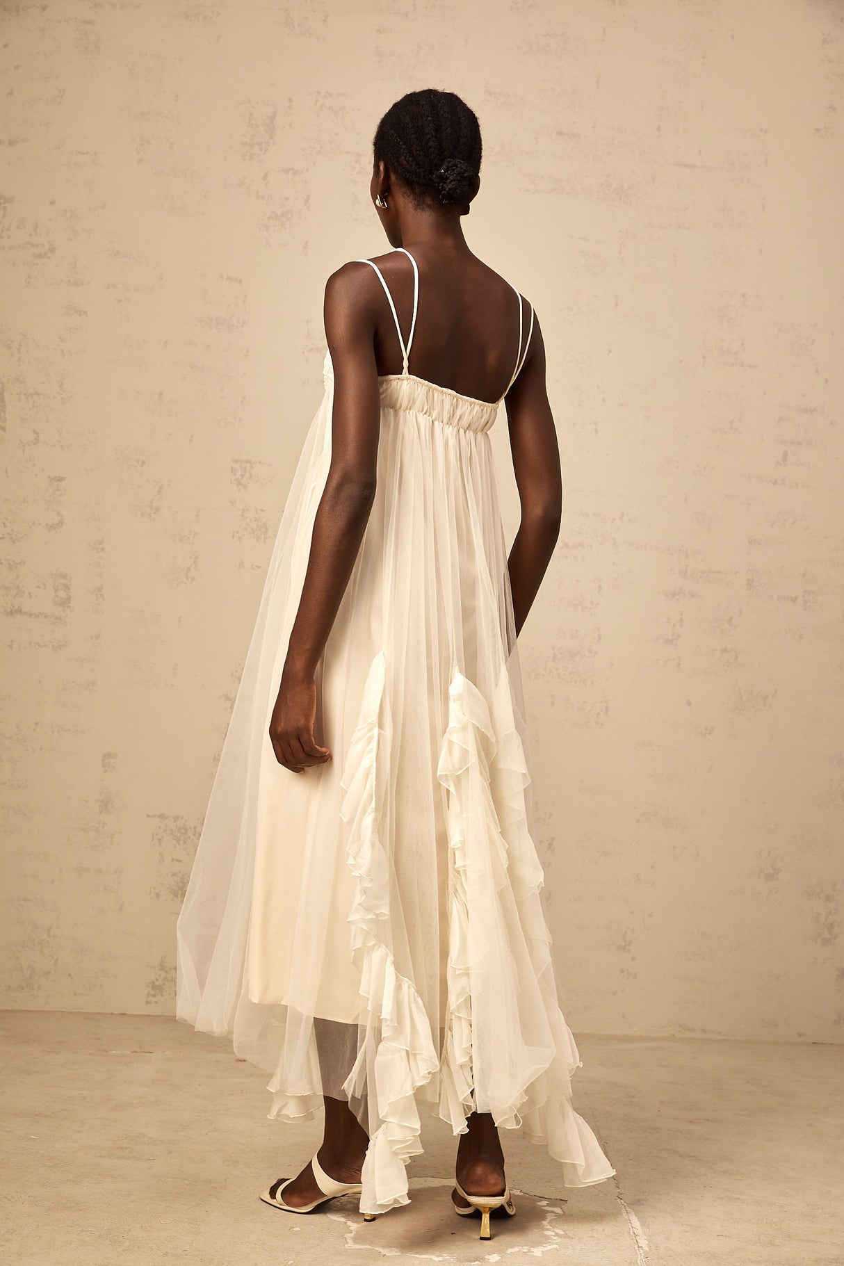 Aurohaya Colette layered ruffled tulle maxi dress in Neutrals