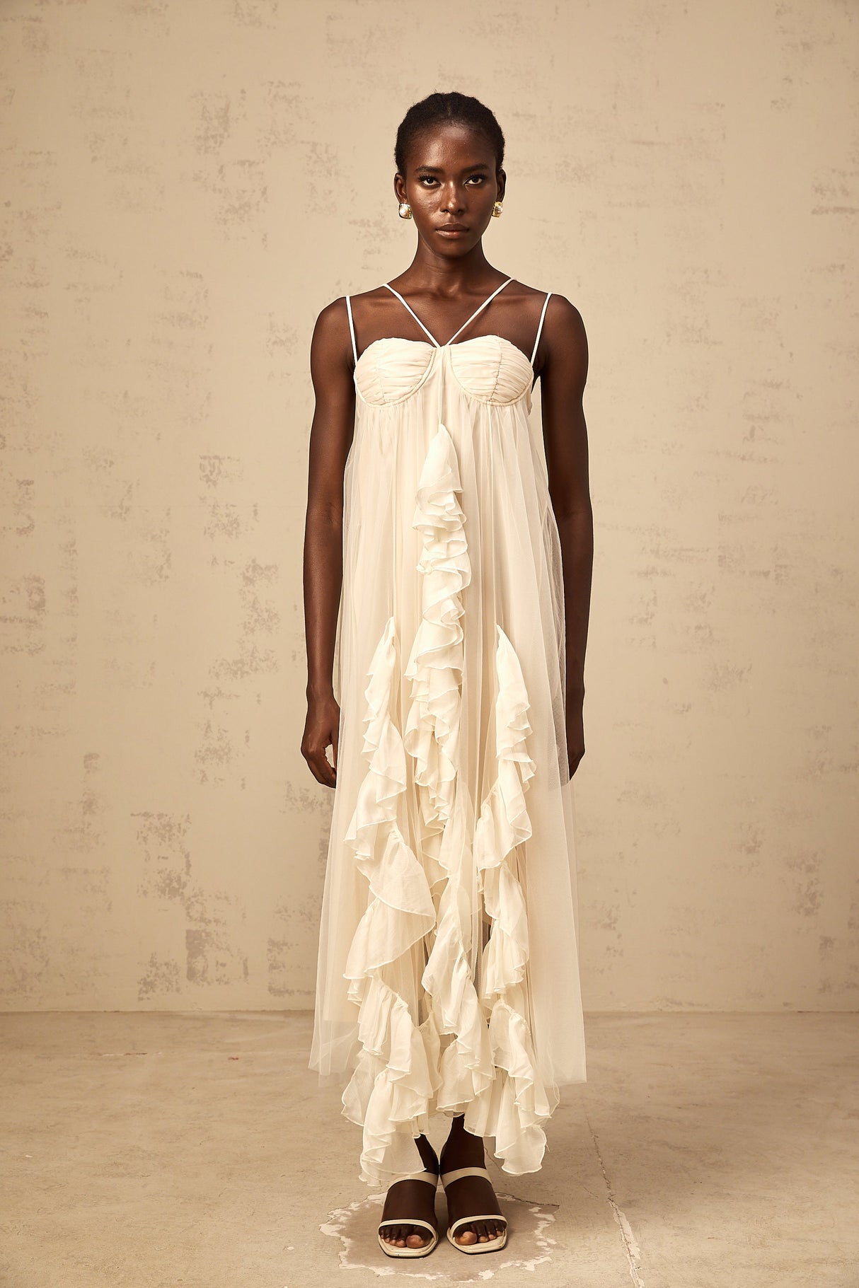 Aurohaya Colette layered ruffled tulle maxi dress in Neutrals