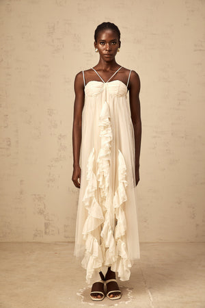 Aurohaya Colette layered ruffled tulle maxi dress in Neutrals