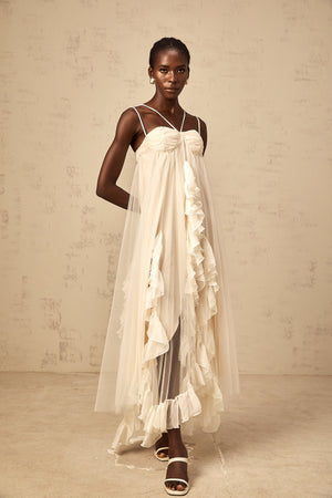 Aurohaya Colette layered ruffled tulle maxi dress in Neutrals