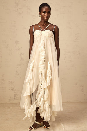 Aurohaya Colette layered ruffled tulle maxi dress in Neutrals