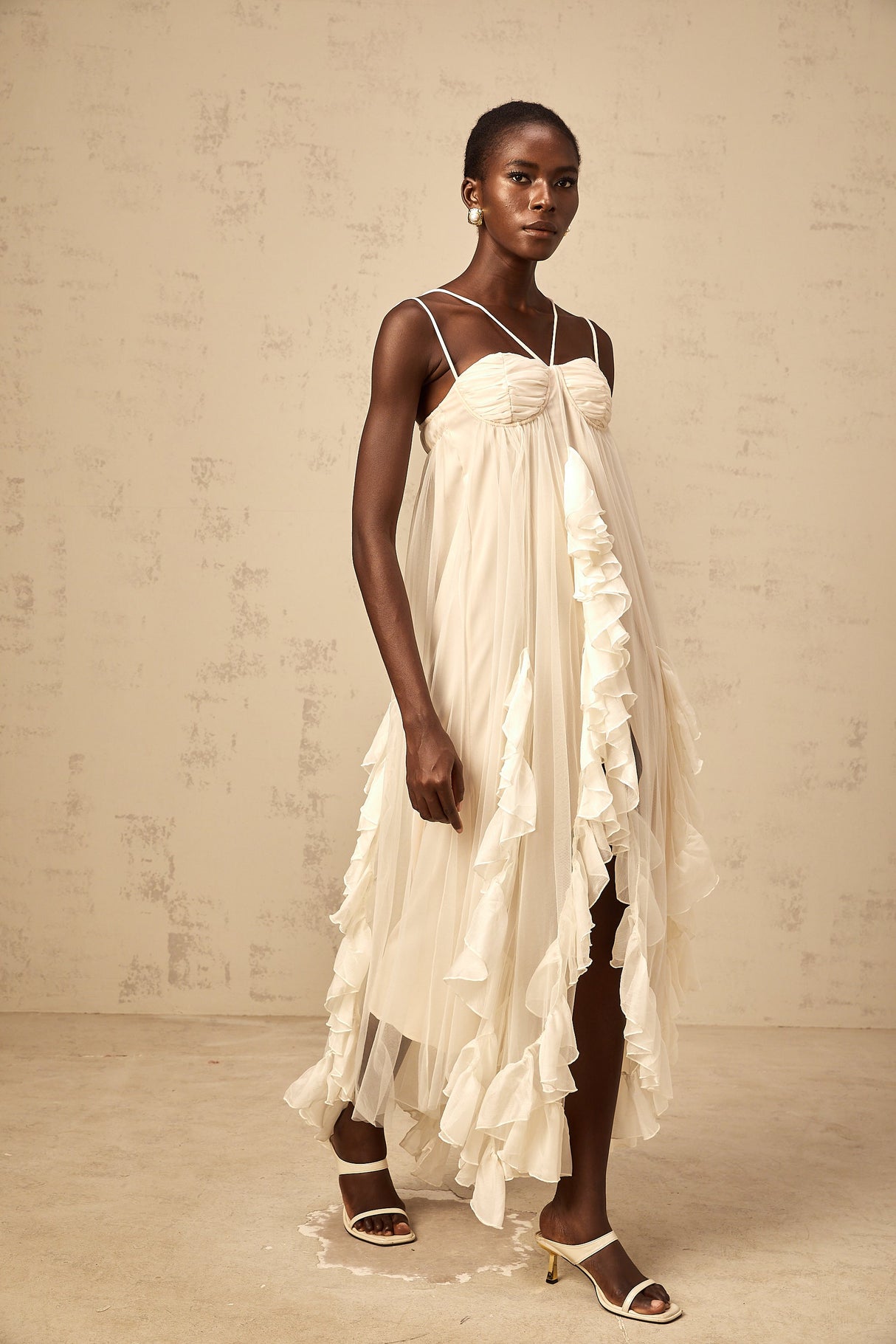 Aurohaya Colette layered ruffled tulle maxi dress in Neutrals