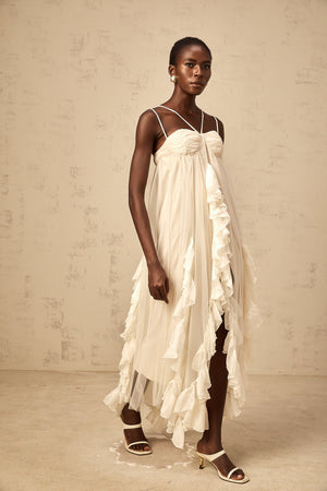 Aurohaya Colette layered ruffled tulle maxi dress in Neutrals
