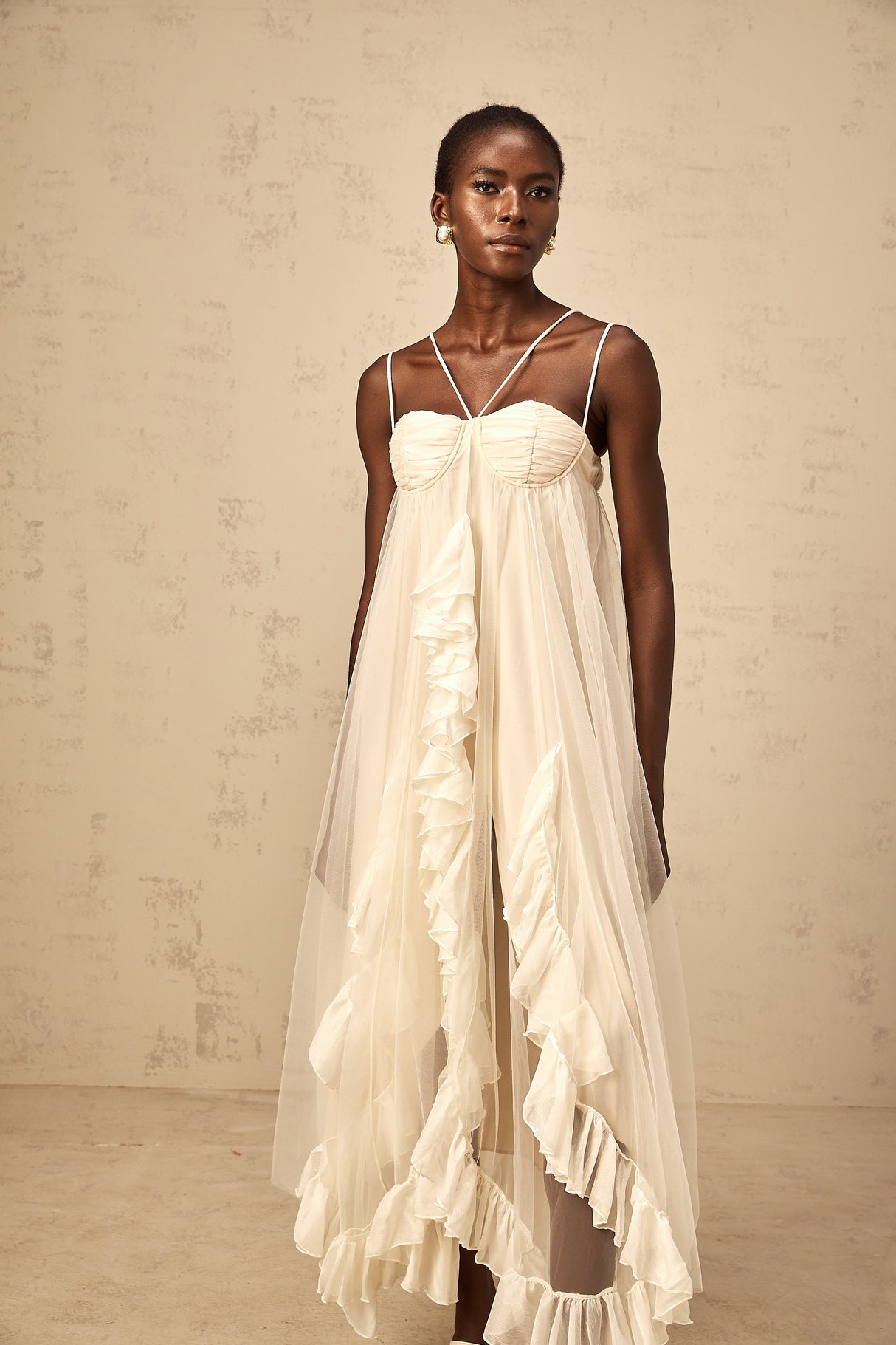 Aurohaya Colette layered ruffled tulle maxi dress in Neutrals