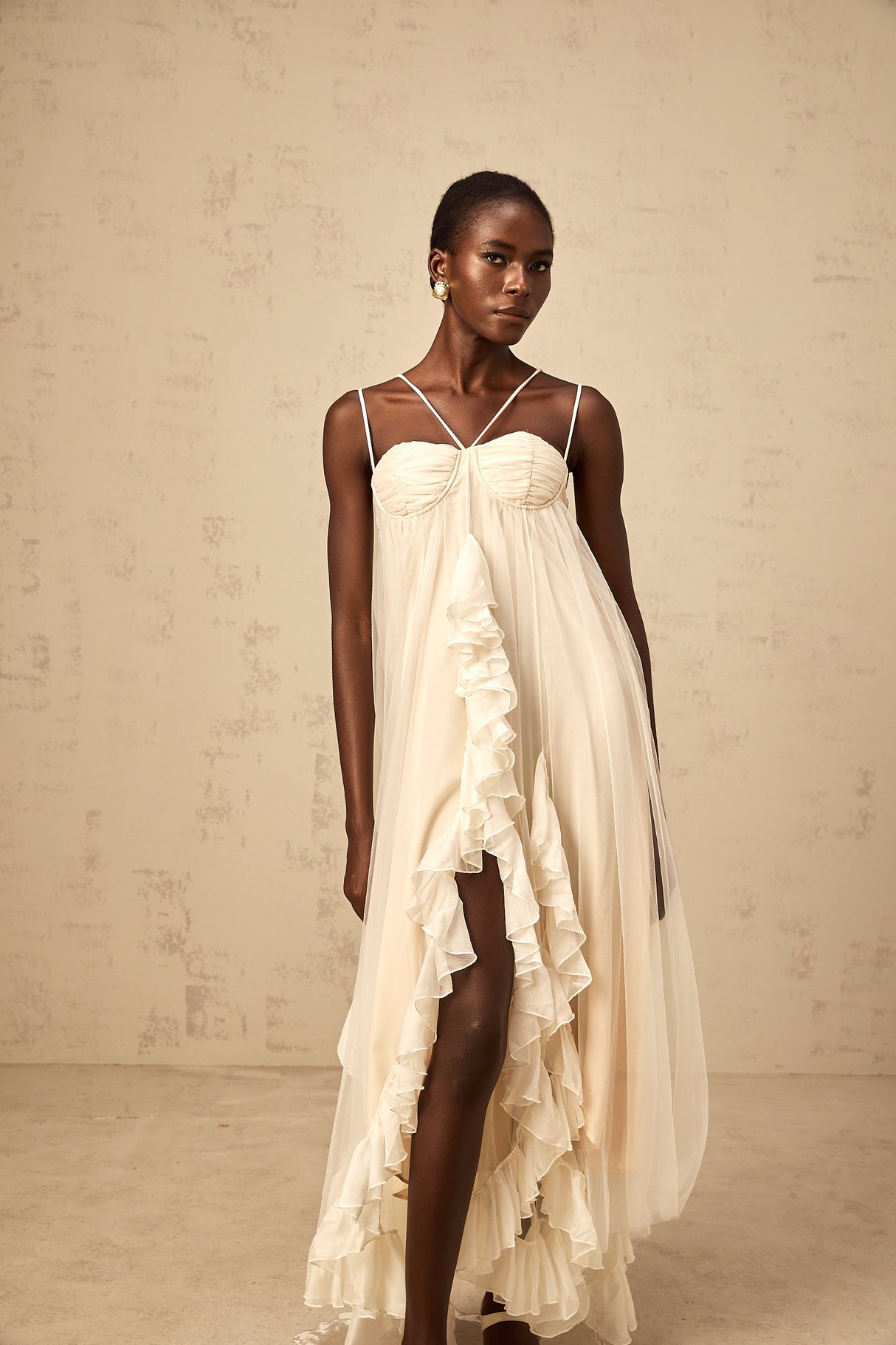 Aurohaya Colette layered ruffled tulle maxi dress in Neutrals