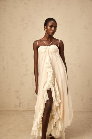 Aurohaya Colette layered ruffled tulle maxi dress in Neutrals