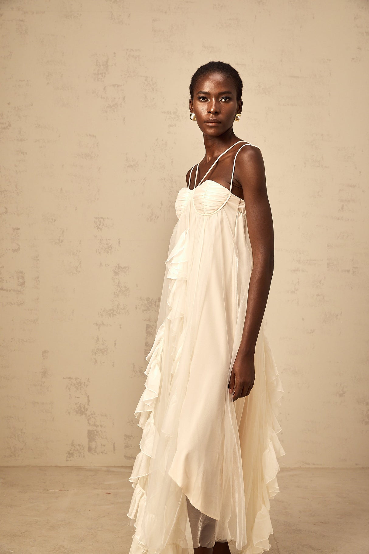 Aurohaya Colette layered ruffled tulle maxi dress in Neutrals