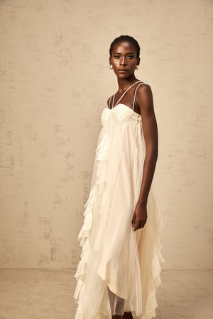 Aurohaya Colette layered ruffled tulle maxi dress in Neutrals