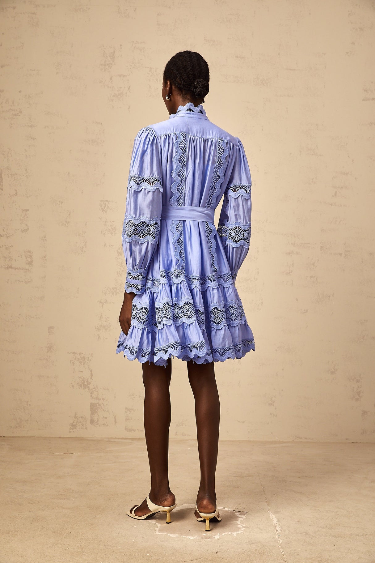 Aurohaya Poema blue cut-out motif-embroidered tiered mini dress