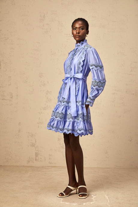 Aurohaya Poema blue cut-out motif-embroidered tiered mini dress