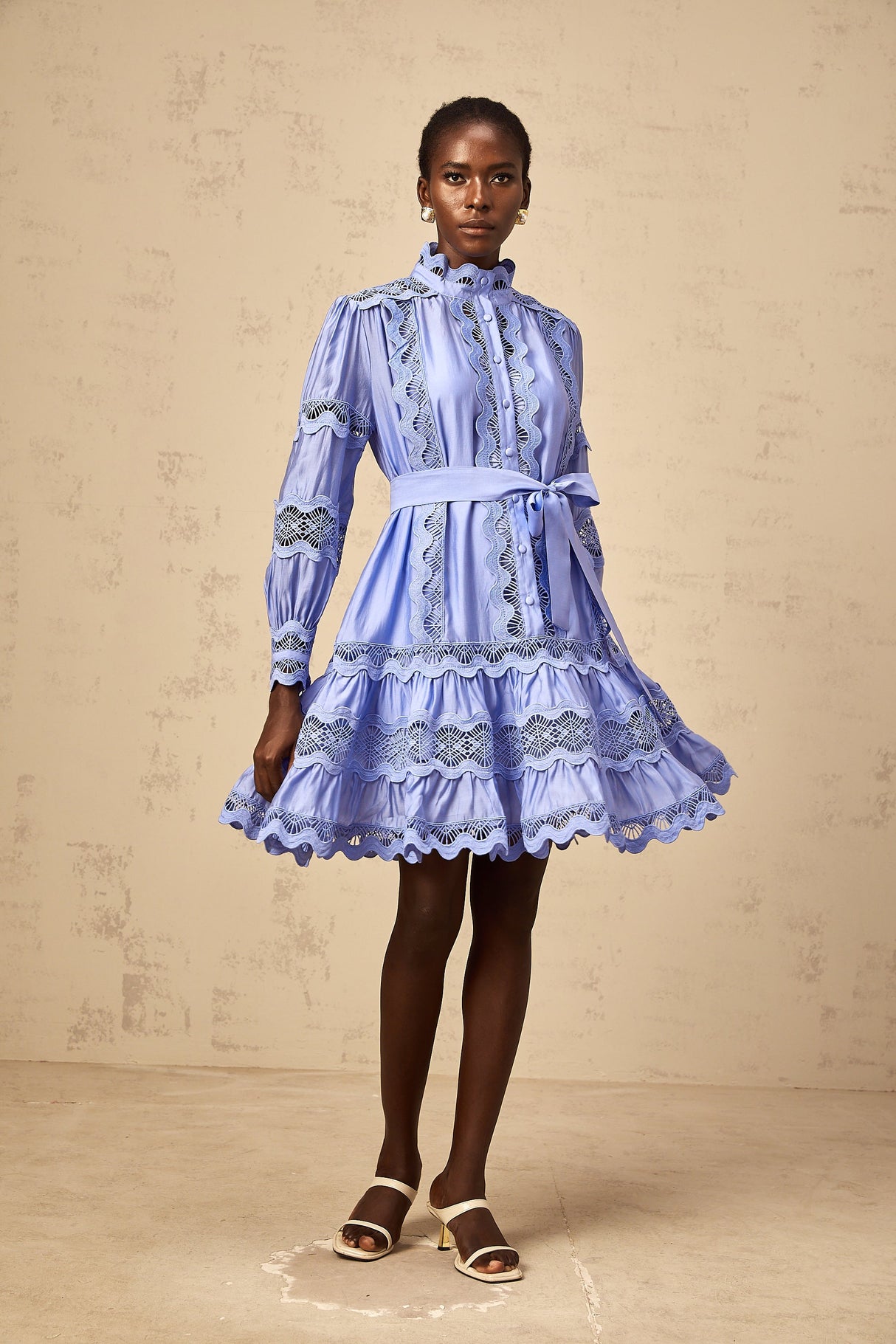 Aurohaya Poema blue cut-out motif-embroidered tiered mini dress