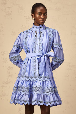 Aurohaya Poema blue cut-out motif-embroidered tiered mini dress