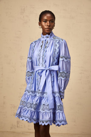 Aurohaya Poema blue cut-out motif-embroidered tiered mini dress