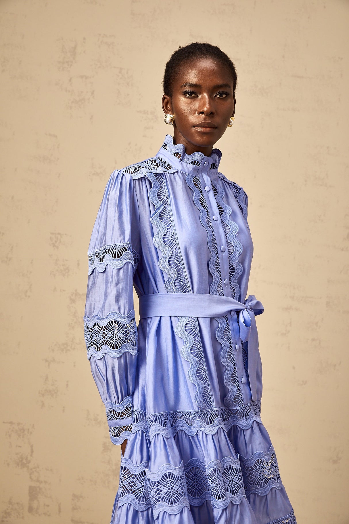 Aurohaya Poema blue cut-out motif-embroidered tiered mini dress