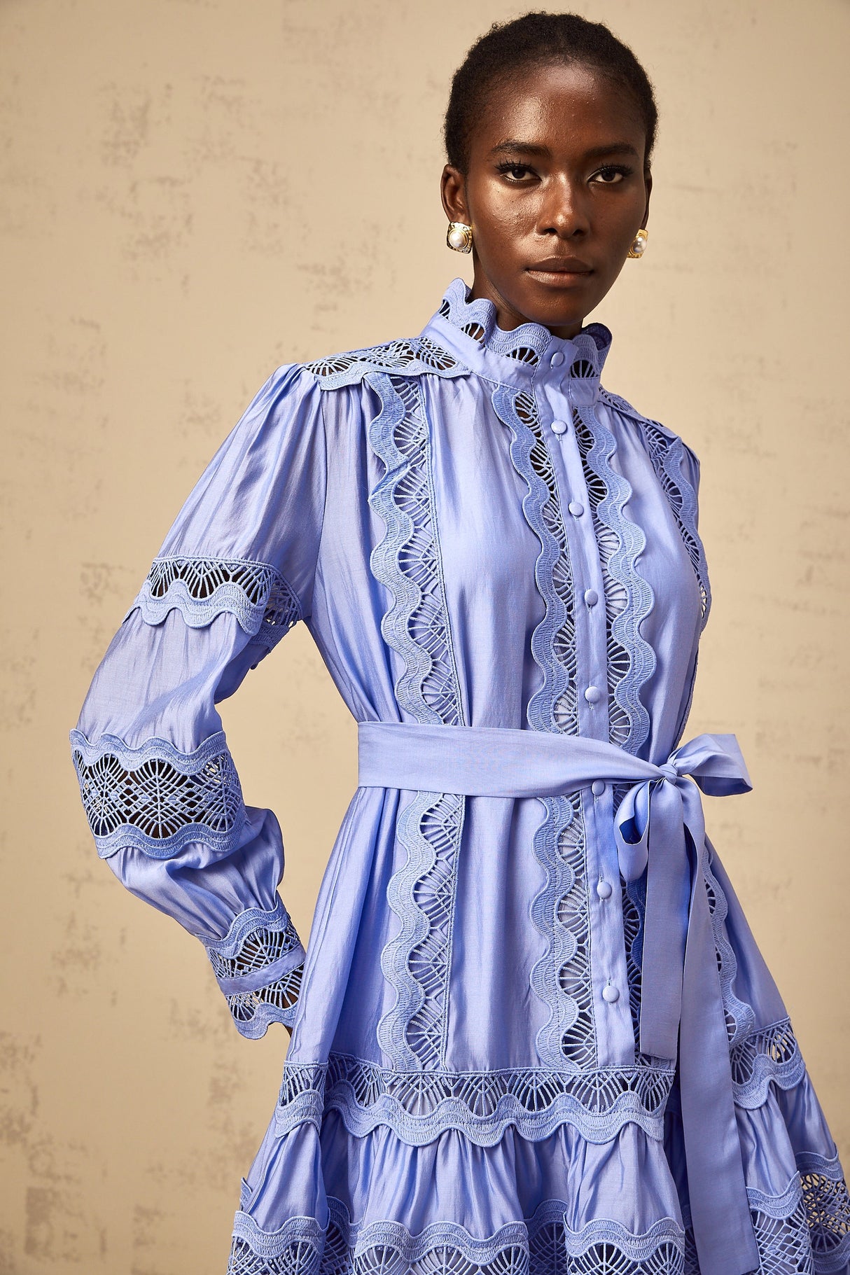 Aurohaya Poema blue cut-out motif-embroidered tiered mini dress