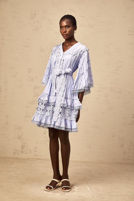 Aurohaya Gaëlle light-blue floral-embroidered tiered mini dress