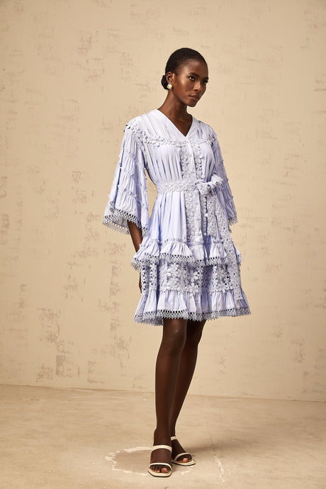 Aurohaya Gaëlle light-blue floral-embroidered tiered mini dress