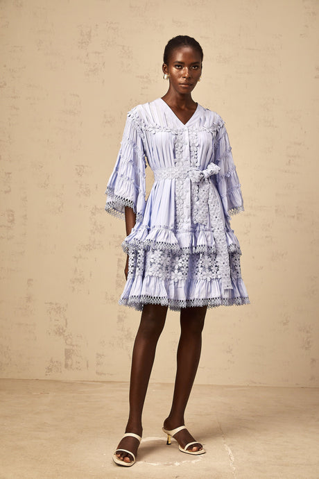Aurohaya Gaëlle light-blue floral-embroidered tiered mini dress