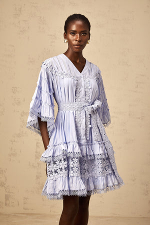 Aurohaya Gaëlle light-blue floral-embroidered tiered mini dress