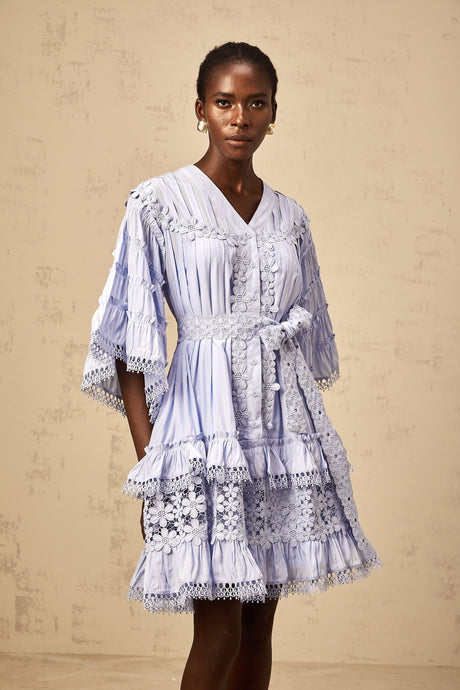Aurohaya Gaëlle light-blue floral-embroidered tiered mini dress