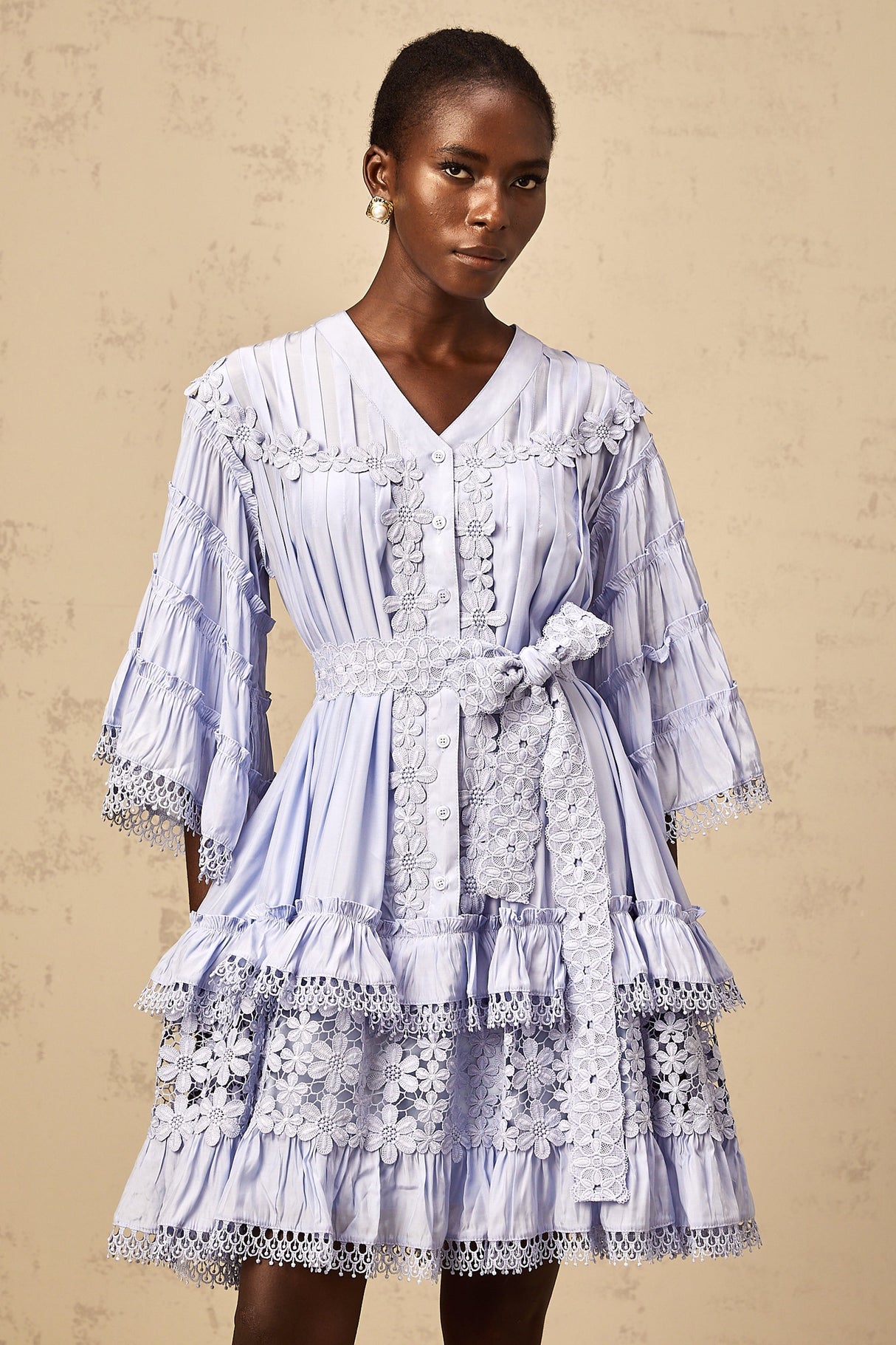 Aurohaya Gaëlle light-blue floral-embroidered tiered mini dress