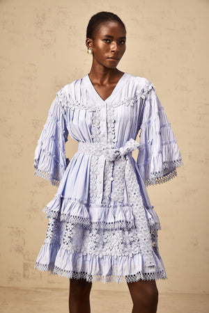 Aurohaya Gaëlle light-blue floral-embroidered tiered mini dress