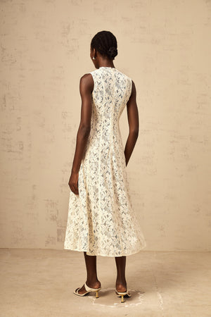 Aurohaya Edelie beige floral-lace flared midi dress