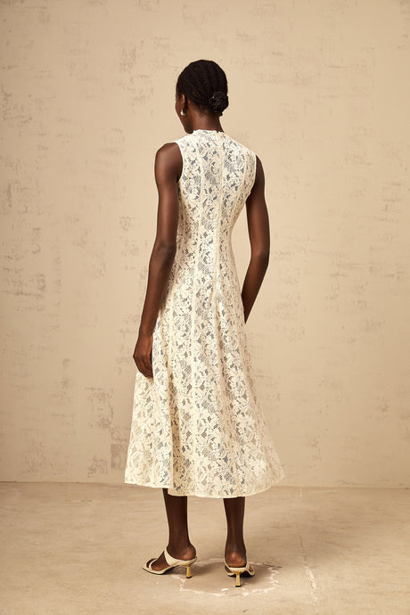 Aurohaya Edelie beige floral-lace flared midi dress