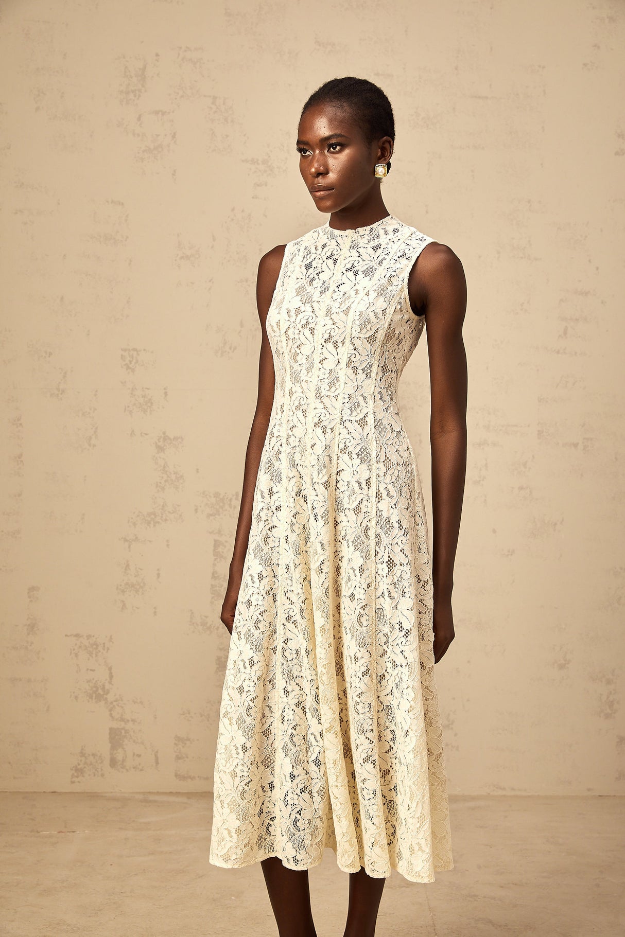 Aurohaya Edelie beige floral-lace flared midi dress