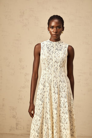 Aurohaya Edelie beige floral-lace flared midi dress