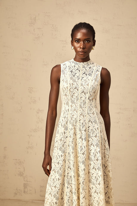Aurohaya Edelie beige floral-lace flared midi dress