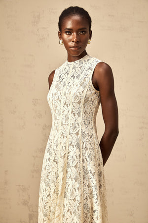 Aurohaya Edelie beige floral-lace flared midi dress