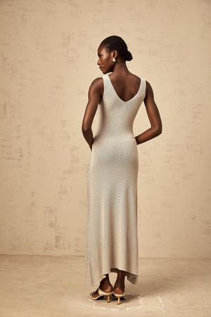 Aurohaya Wanda grey rhinestone knitted tank maxi dress