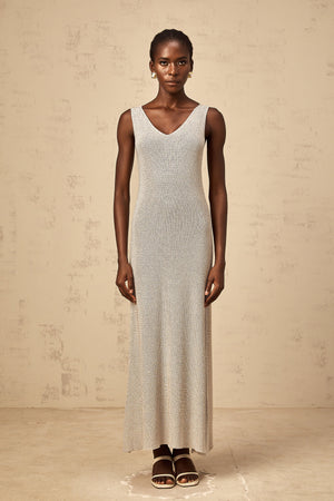 Aurohaya Wanda grey rhinestone knitted tank maxi dress